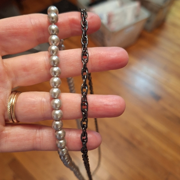 Chicos Two Strand Long Necklace Silvery Gray Faux Pearls & Faux Silver Metallic - Picture 4 of 7